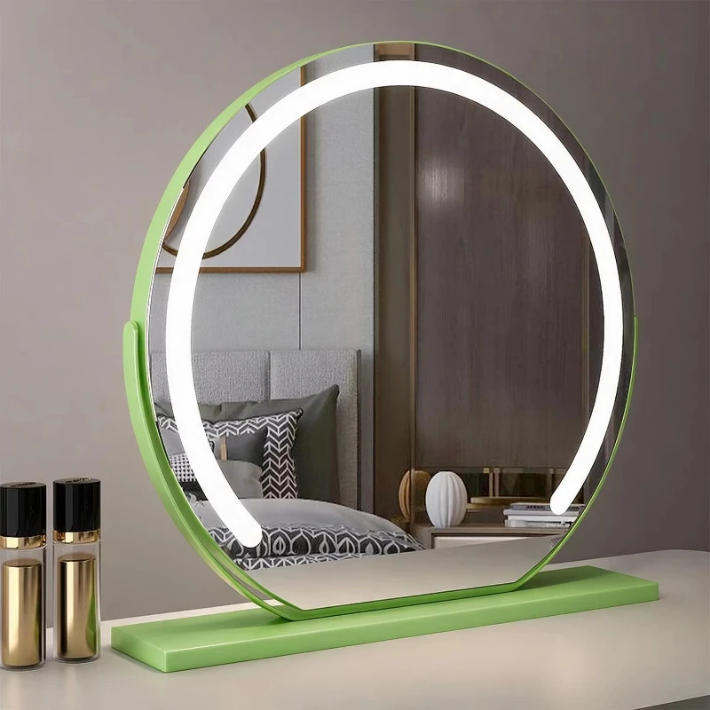 Modern luxury round desktop cosmetic mirror touch switch dimmable LED display light with magnifying glass metal