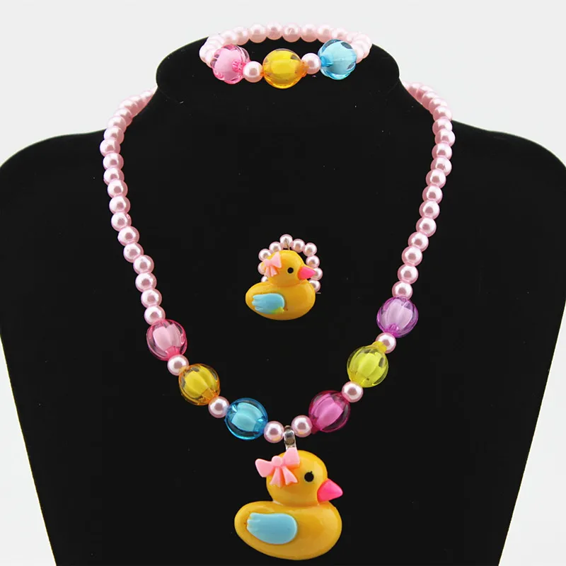 Baby Girls Imitation Pearl Beads Jewelry Set Cute Duck Necklace Bracelets Kids Ring Children Jewelry Set Gift