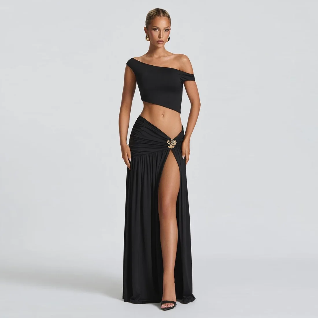 2025 صيف جديد الملابس النسائية مثير مائل الكتف زر مفتوح تي شيرت سترة ضئيلة الجانب سبليت تنورة مجموعة #2