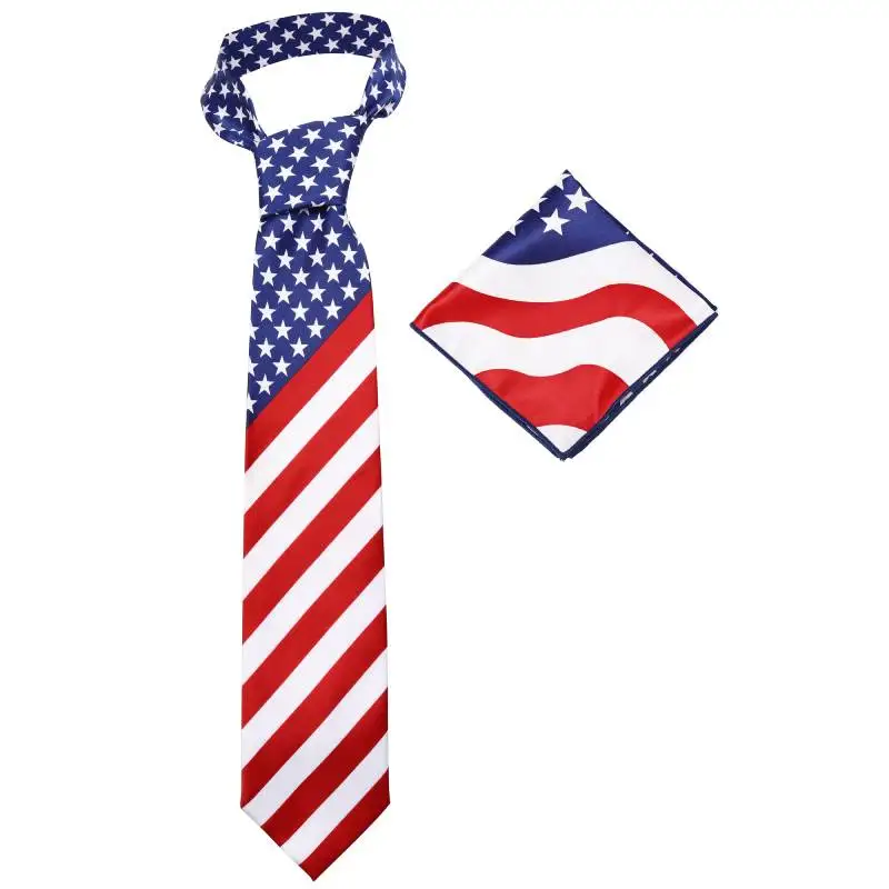 DAZCOS Mens American Flag Necktie Bowtie Pocket Square Stars Stripes Patriotic Tie for USA Independence Day Accessories