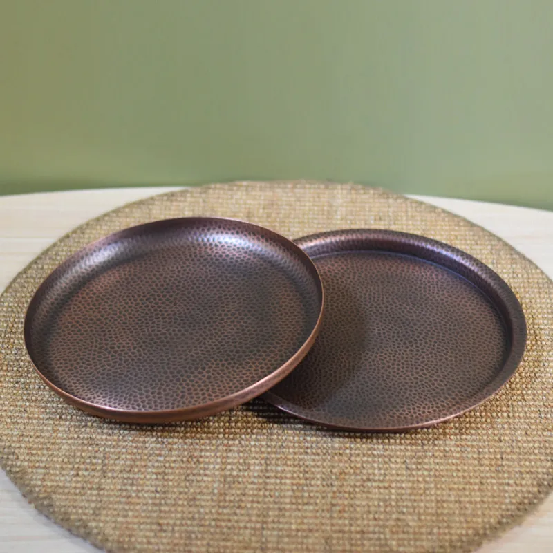 Thickened Purple Copper Plate Hand Forged Antique Copper Tray Round Dinner Plate For Restaurant Household Condiment Storage
