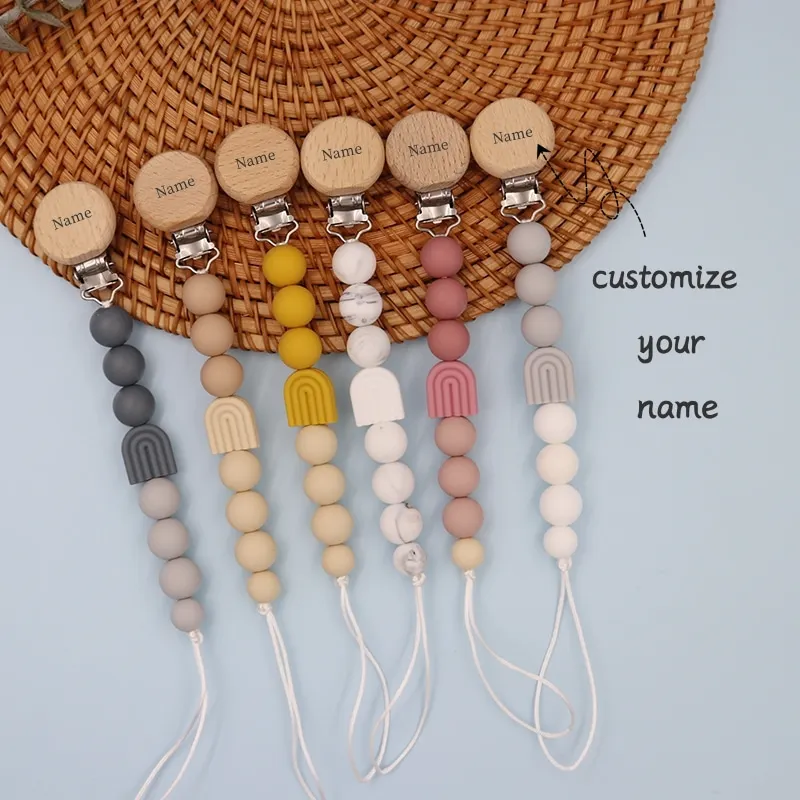 Custom Name rainbow Beaded Pacifier Clip, Solid Color Silicone baby Dummy Holder Chain, Teether Chain.