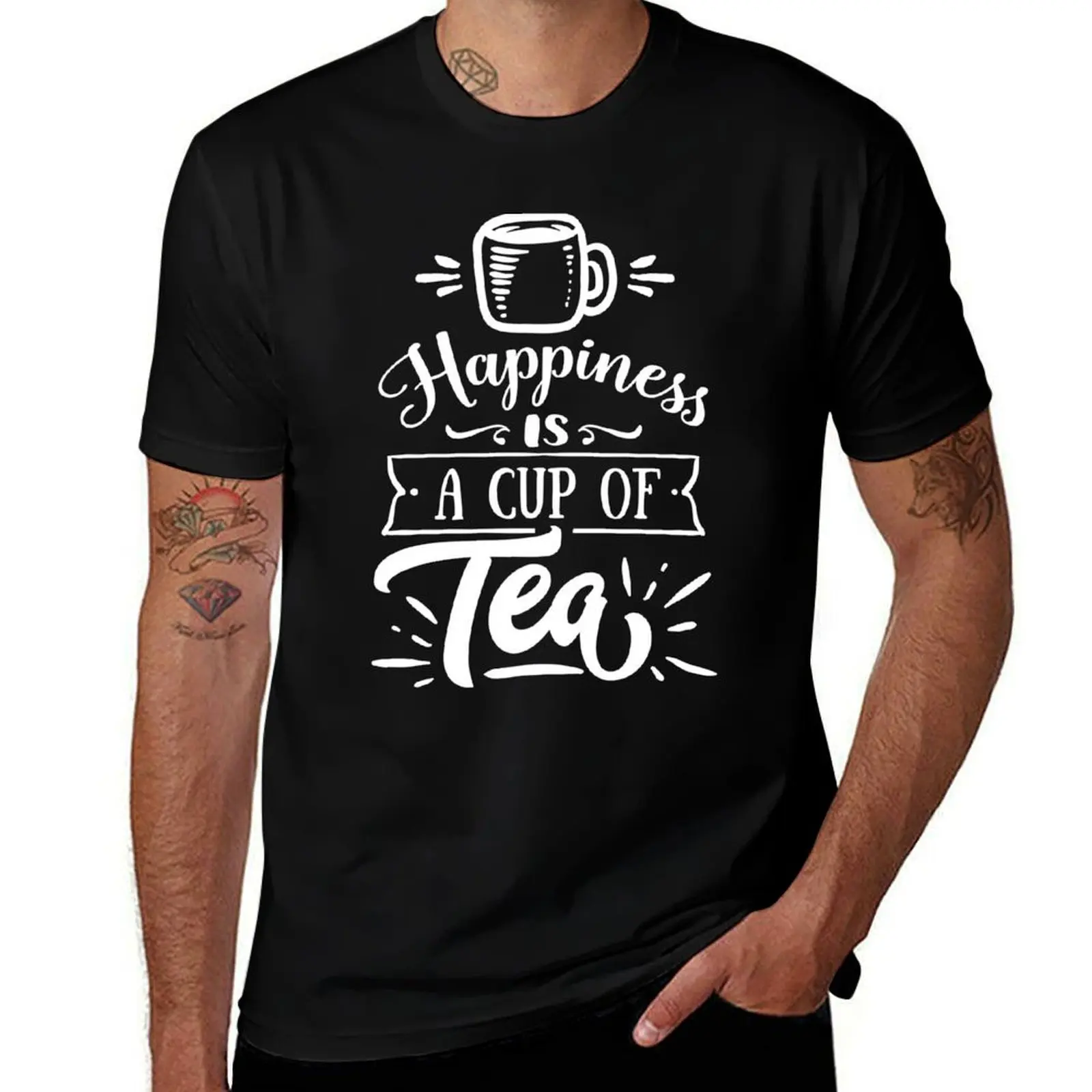 Funny Quote - Happiness is a Cup of Tea T-Shirt Trendy Casual Short Sleeve Shirt T-Shirt
