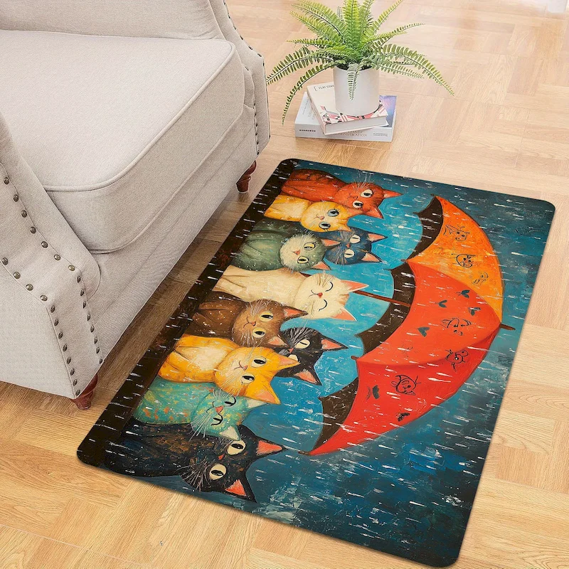 VIKAMA Cute Cat Umbrella Printed Door Mat Soft, Absorbent, Non Slip Floor Mat Bedroom Interior Home Decoration