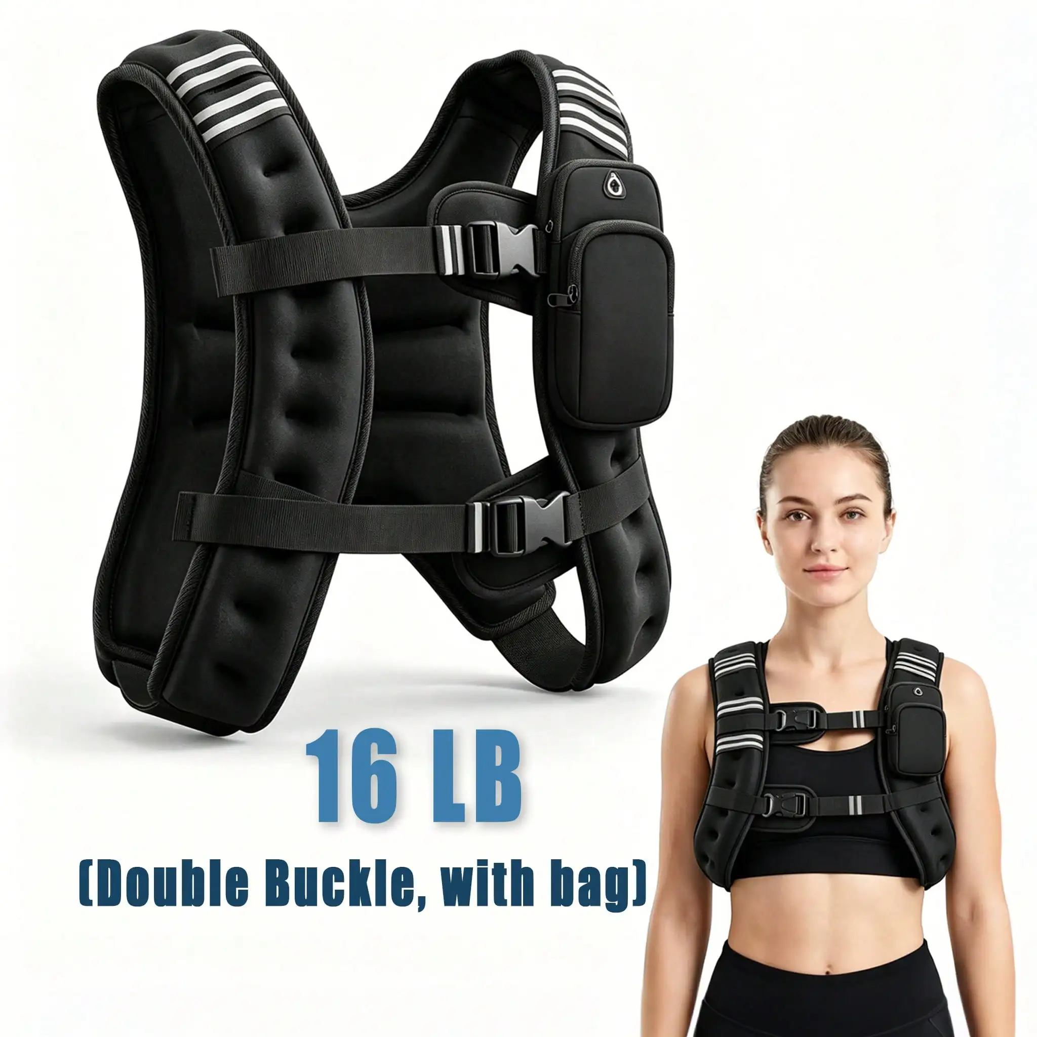16 Lb Weighted Vest With Dual Buckles & Phone Pocket, Adjustable Iron Sand Vest With Reflective Stripe, Workout Equipment For Running, Walking, Strength Training & Cardio