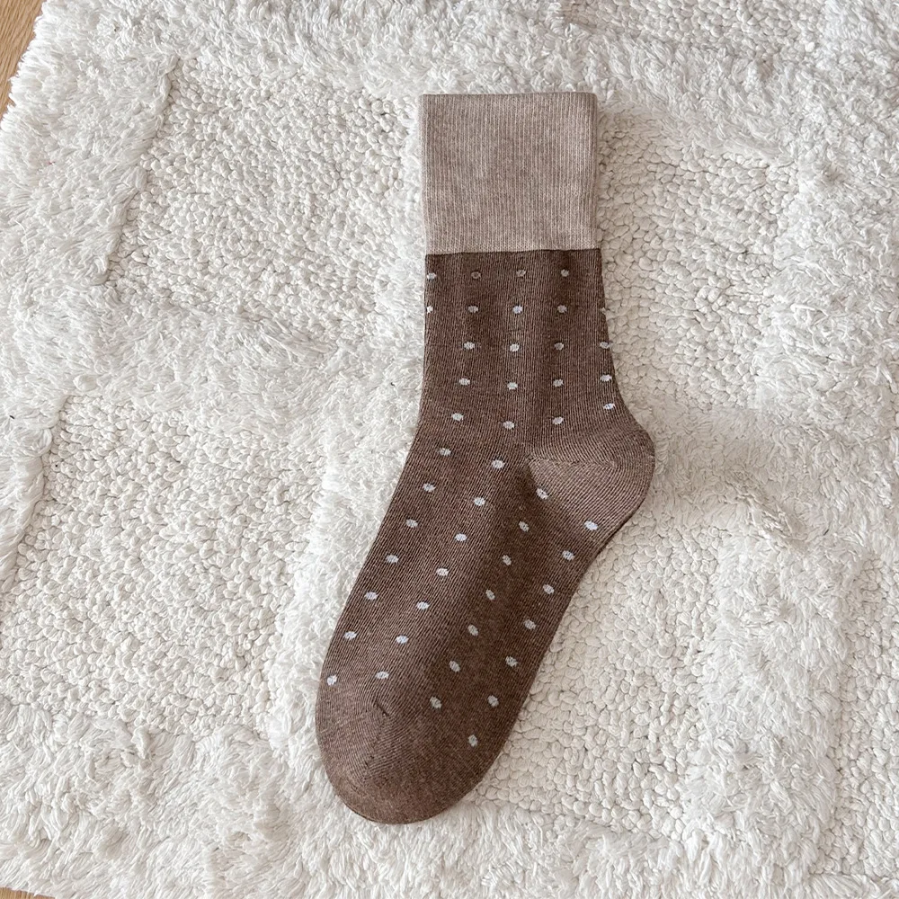 5 Pairs Gray Dot Socks for Women Mid-Calf Length Cotton Japanese Style Grip Socks Fall Winter Women's Socks Set High Quality