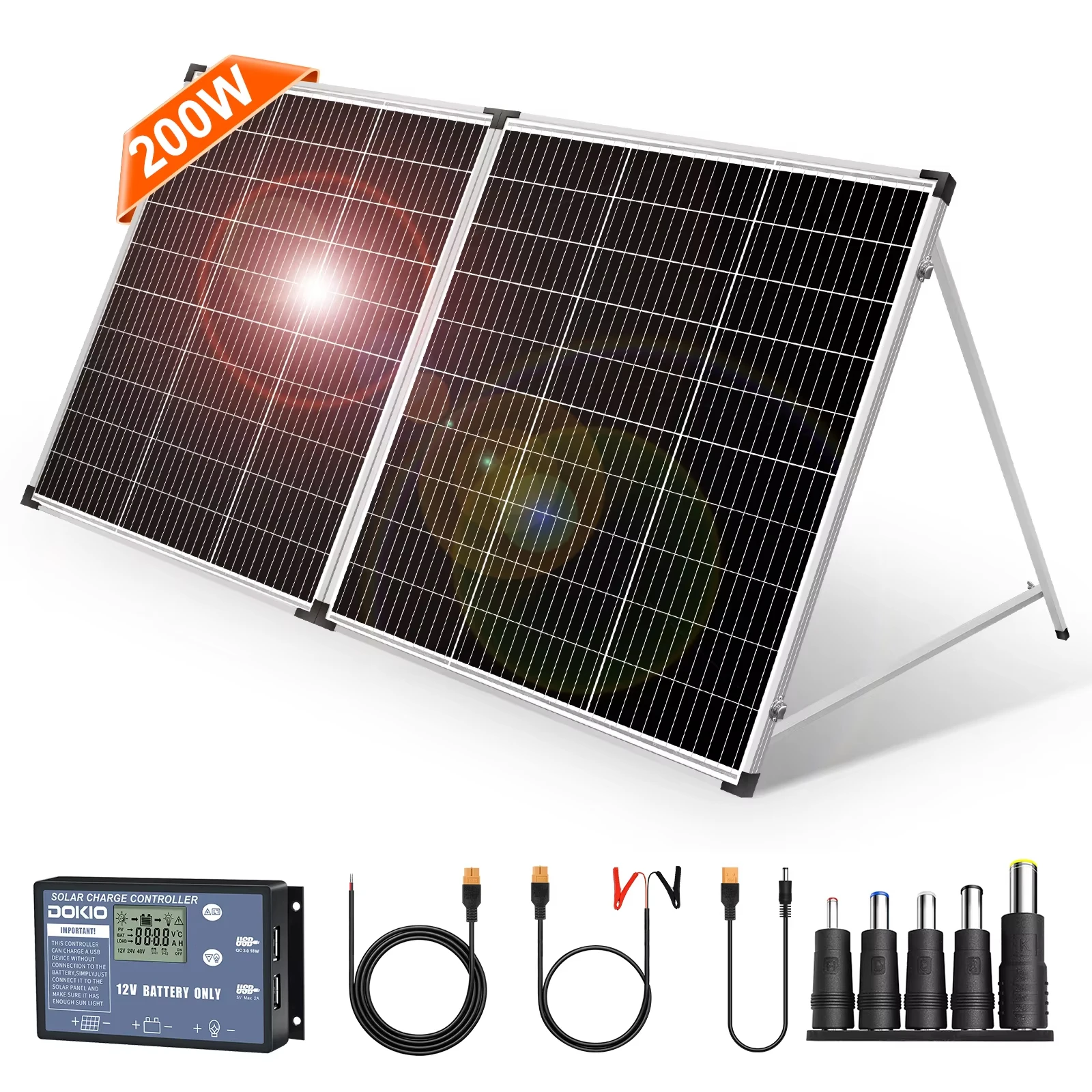 DOKIO Solar Panel 18V Zonnepaneel Opvouwbaar Zonnepanelen 100Watt Solar Pannel 160W Solar Panels 200W Zonnen Panelen + 12V Lader&5V USB Para Camping/RV Camper/El Hogar/Power Bank Zonne Energie Kit