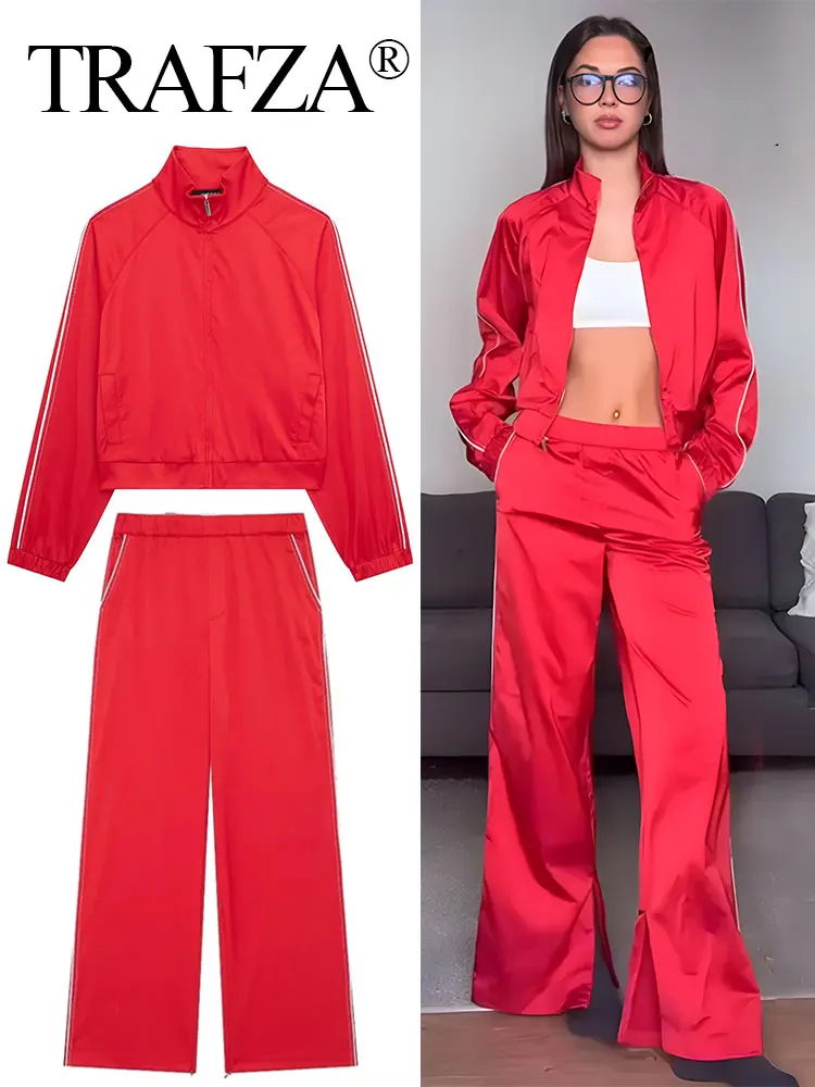 TRAFZA Spring Fashion Woman Trouser Sets Stand Collar Long Sleeves Jacket + Waist Elastic Side Zipper Female Long Pant Street