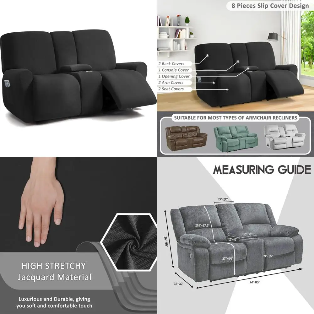 

Stretch Sofa Covers for Reclining Loveseat with Middle Console, 8-Piece Set, 2 Seat Recliner Slipcovers, Jacquard Design, Long-T