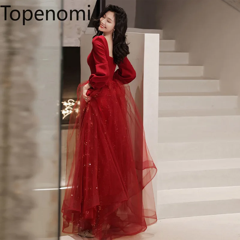 

Topenomi Red Long Sleeve Patchwork Sequins Mesh Wedding Dress Women 2024 Summer Temperament Evening Party Vestidos De Fiesta