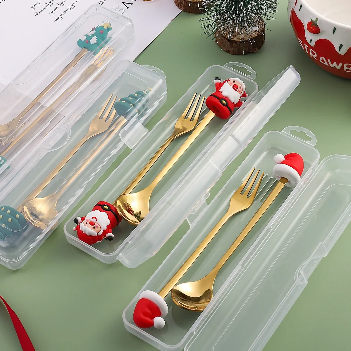 2/1PCS Christmas Tableware Set Stainless Coffee Dessert Spoons Fork Xmas Gifts Christmas Decoration 2023 New Year Home Decor