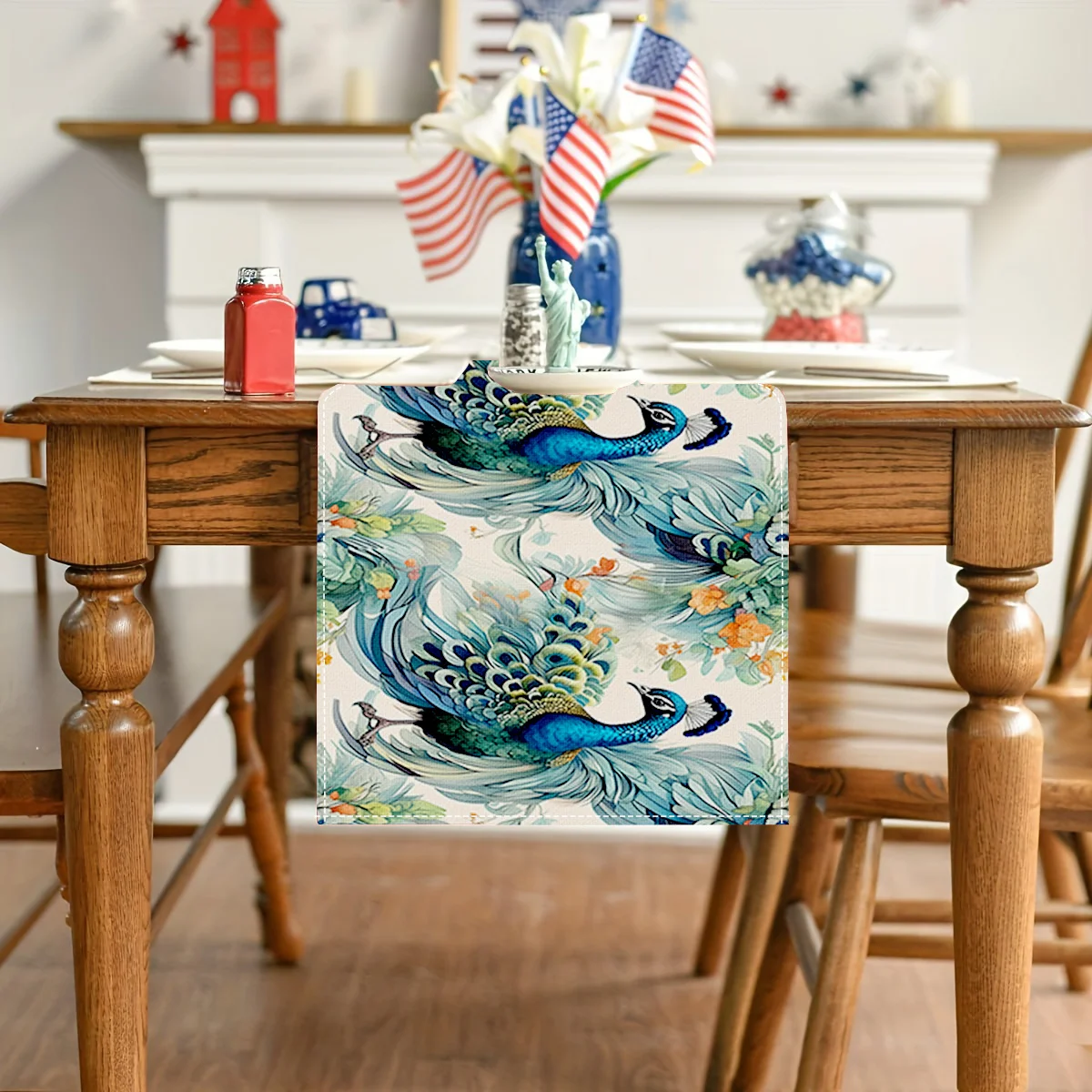 Peacock Ink Painting Style Linen Table Runner Home Decorations Modern Chinese Kitchen Dining Table Runners Holiday Party Decor