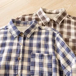 100% Cotton Yarn Checkered Shirt for Women Japan Style Loose Soft Button Up Collared Long Sleeve Plaid Shirt Female Outfit