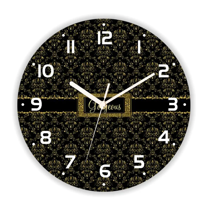 Elegant Modern Silver Black Damask Geometric Wall Clock for Living Room Luxury Baroque Floral Kitchen Big Wall Watch Home Decor