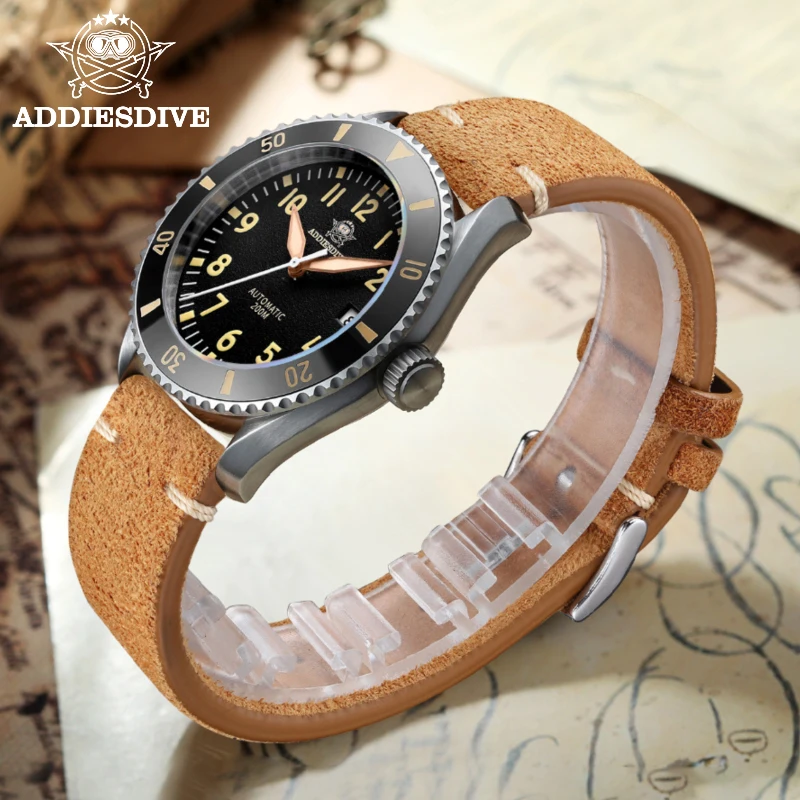 ADDIESDIVE Men\'s Watch Sapphire Velvet Band Digital Luminous Retro Brown Leather 20Bar Reloj Hombre NH35 Automatic Watch