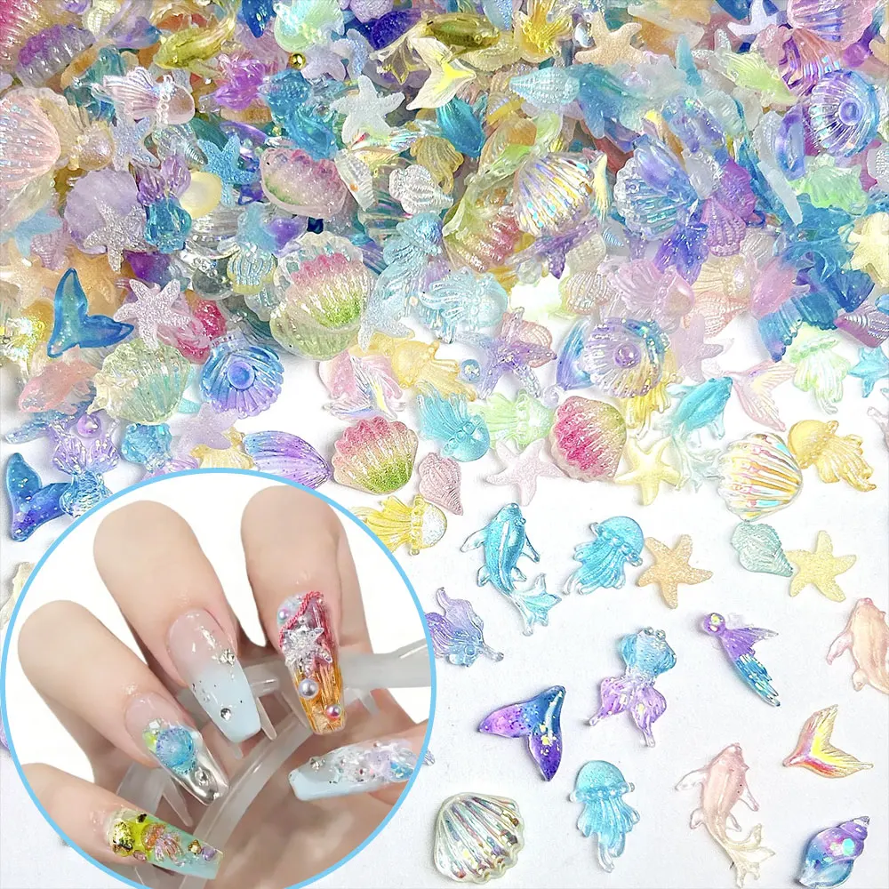 50pcs Colorful Aurora Summer Marine Nail Charms Shell Starfish Jellyfish Translucent Nail Rhinestones Cute Resin Ocean Nails Dec