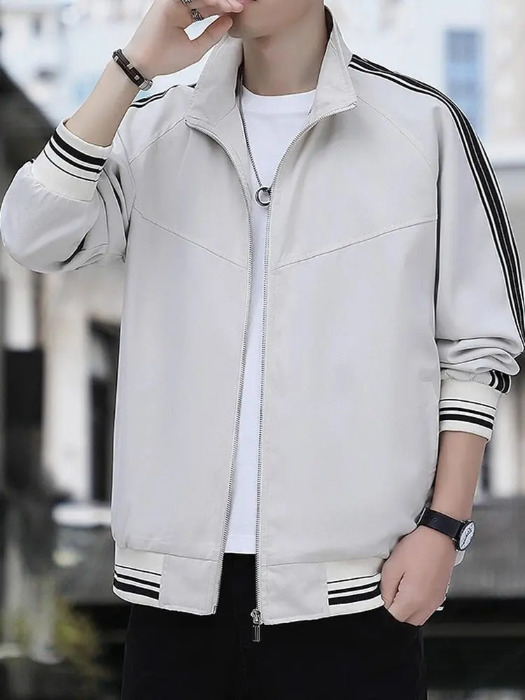 

Модная мужская повседневная спортивная куртка в полоску с воротником-стойкой, весна-осень, универсальная, молодежная, из полиэстера, на молнии