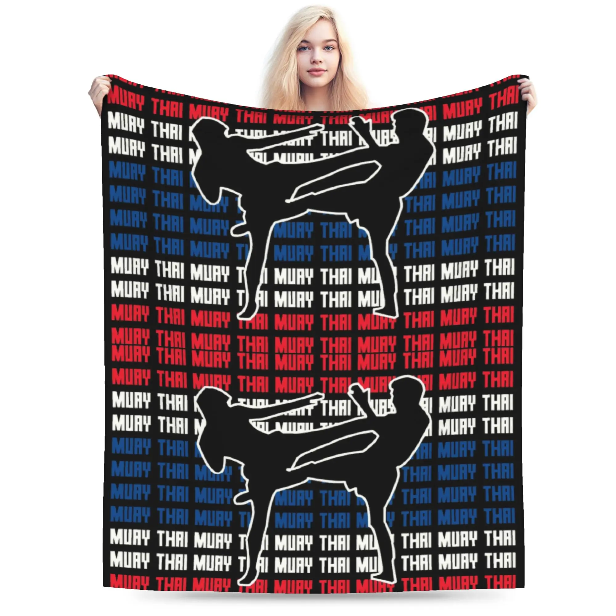 Custom Muay Thai Flag Silhouette Blanket Soft Fleece Warm Flannel Thailand Boxing Fight for Sofa Outdoor Bedroom Bedspread