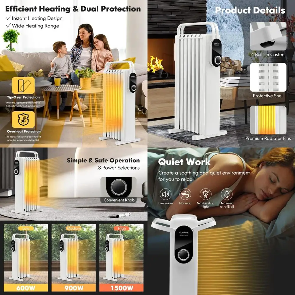 

1500W Oil-Filled Radiator Heater, Portable Electric Space Heater with Foldable Rack, 3 Heat Modes, Dual Safety, Ideal for Home a