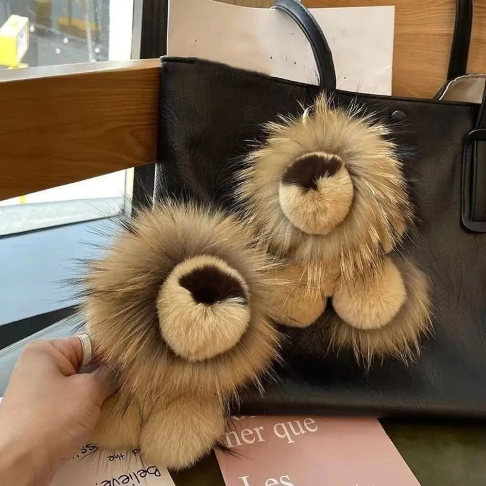 Simpatico portachiavi con ciondolo a forma di leone piccolo simpatico cartone animato in vera pelliccia di coniglio Rex borsa ornamenti portachiavi per auto cinturino in pelliccia regalo di peluche per bambini