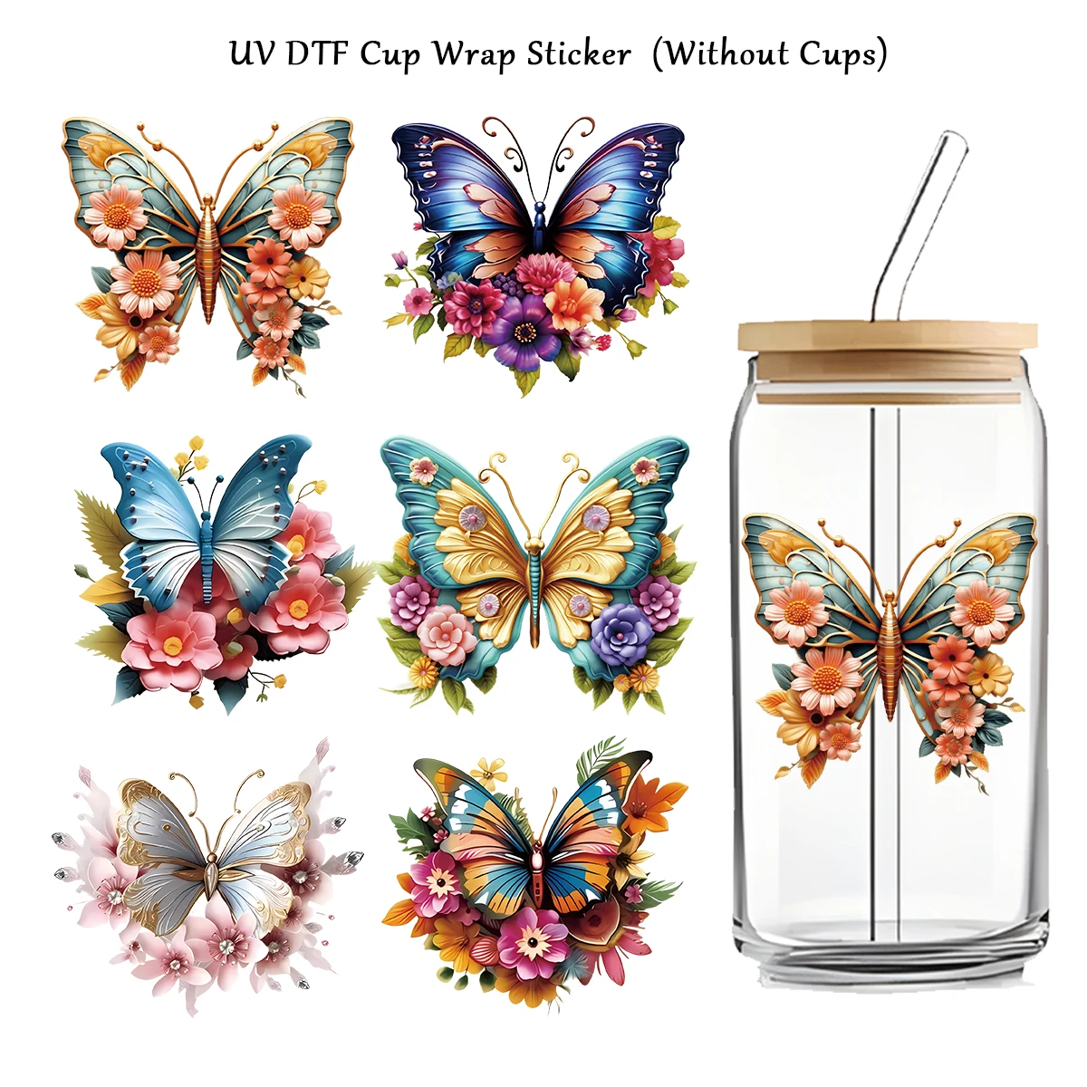 6pcs/pack 3D Butterflies and flowers UV DTF Transfer Stickers for Cup Mug Water Bottle, DIY Waterproof Stickers UV DTF Cup Wraps