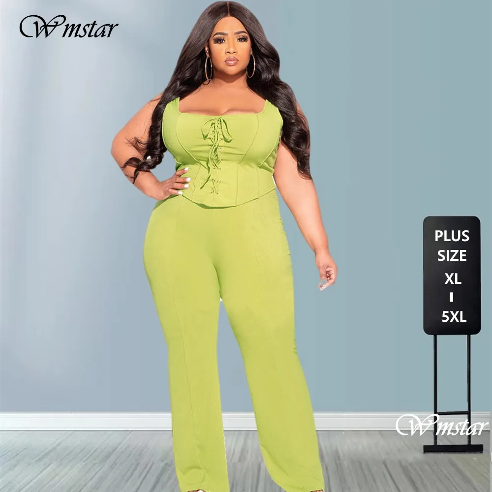 Wmstar Plus Size Women Clothing 2 Piece Outfits Summer Bandage Top Flared Pants Fashion Matching Sets Wholesale Dropshipping