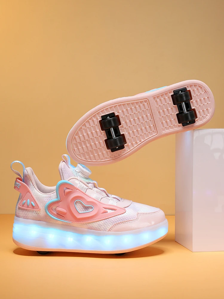 Children LED Light Sneakers 4 Wheels Luminous Shoes with Wheels Lights Rechargeable Girls Boys Women Kids Roller Skates Shoes