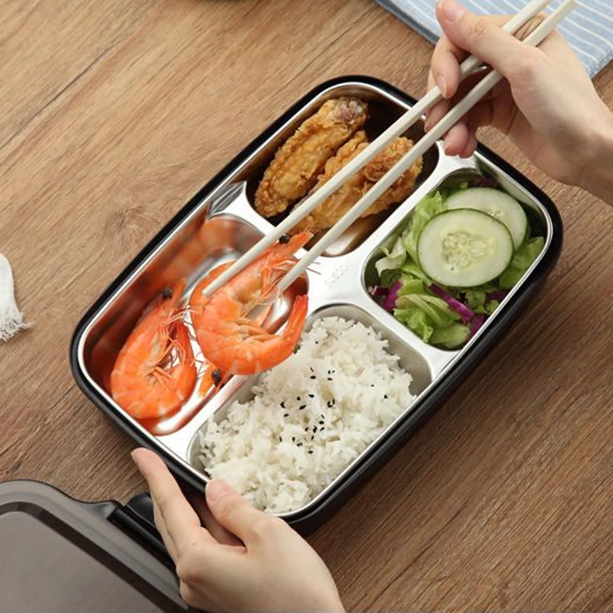 

304 Stainless Steel Insulated Lunch Box 4 Grids Rectangular Lunch Container Single Layer for Student Adult(Transparent Black wit
