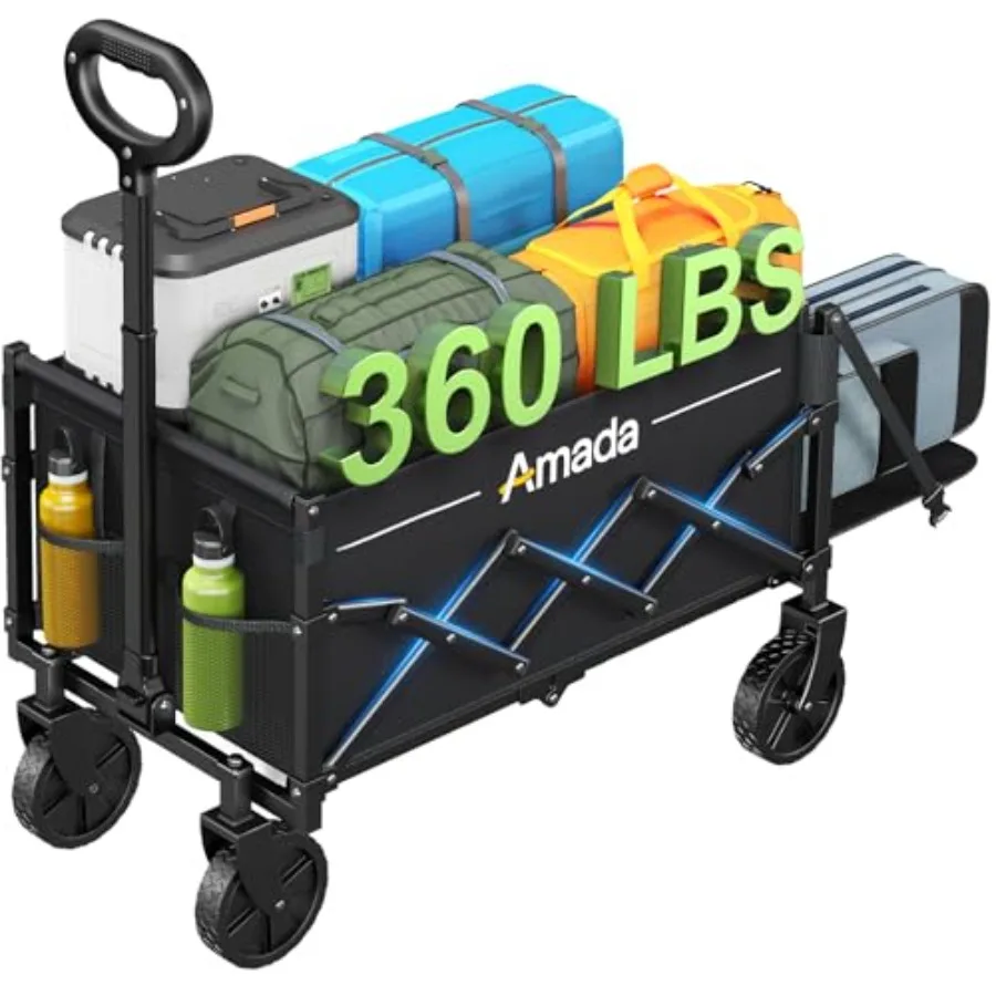 

Складная тележка для покупок с максимальной нагрузкой 360 фунтов и расширяемым хранилищем для сада, кемпинга и походов, черная, с 2 подстаканниками