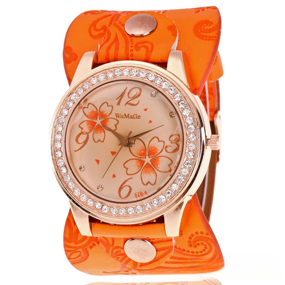 

Женские часы с большим циферблатом и бриллиантами, широкий ремень с принтом и инкрустацией бриллиантами, кварцевые модные часы, подходящая одежда