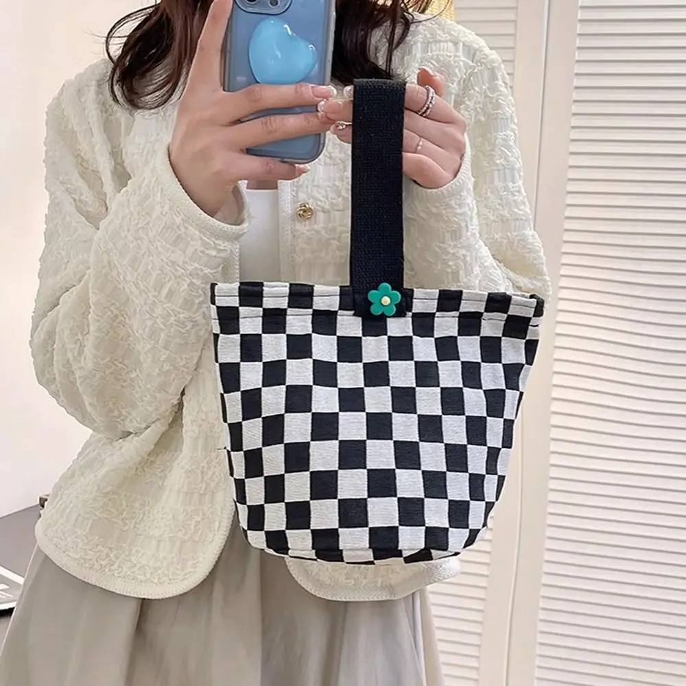 

Foldable Canvas Plaid Tote Lunch Bag Top-handle Flower Lattice Bucket Bag Large Capacity Ins Style Top-handle Handbag Travel