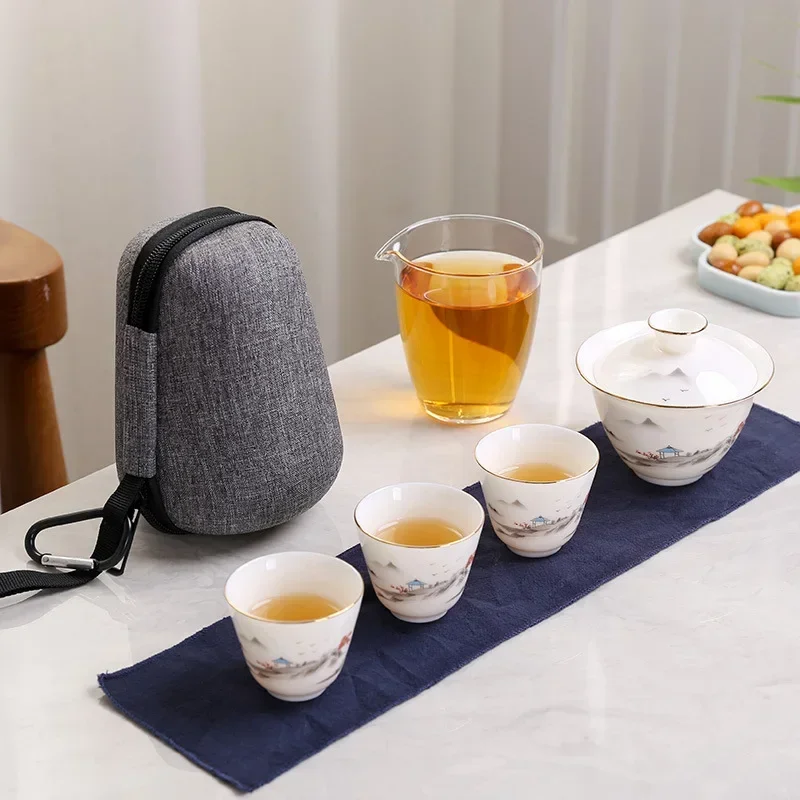 Hand Painted Jade Porcelain ceramic teapot gaiwan with 3 cups a tea sets portable travel tea set with travel bag drinkware