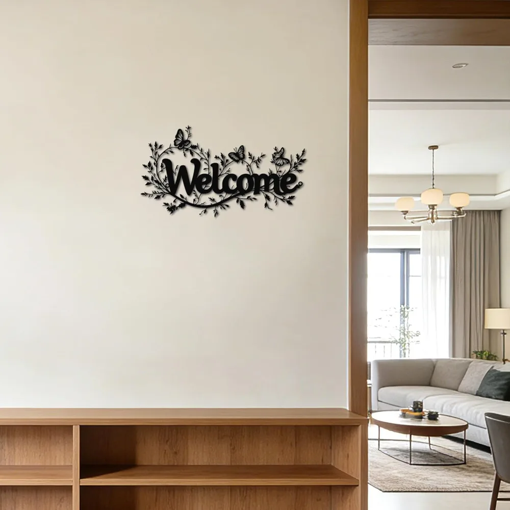 CIFBUY Wrought Iron Wall Art Vintage Floral Vine Metal Sign Rustic Farmhouse Welcome Door Plaque Indoor Outdoor Home Decor