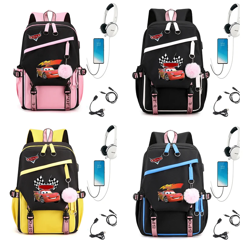 Disney Pixar Cars Lightning McQueen Unisex Backpack USB Charging School Bag Cartoon Bookbag Laptop Travel Rucksack Outdoor Bag