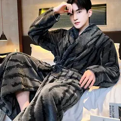 Zebra Stripes Robe for Men Sleepwear Belt Bathrobe Winter Night Wears Warm Fleece Pajama One Piece Nightgown Homewear 2024 New