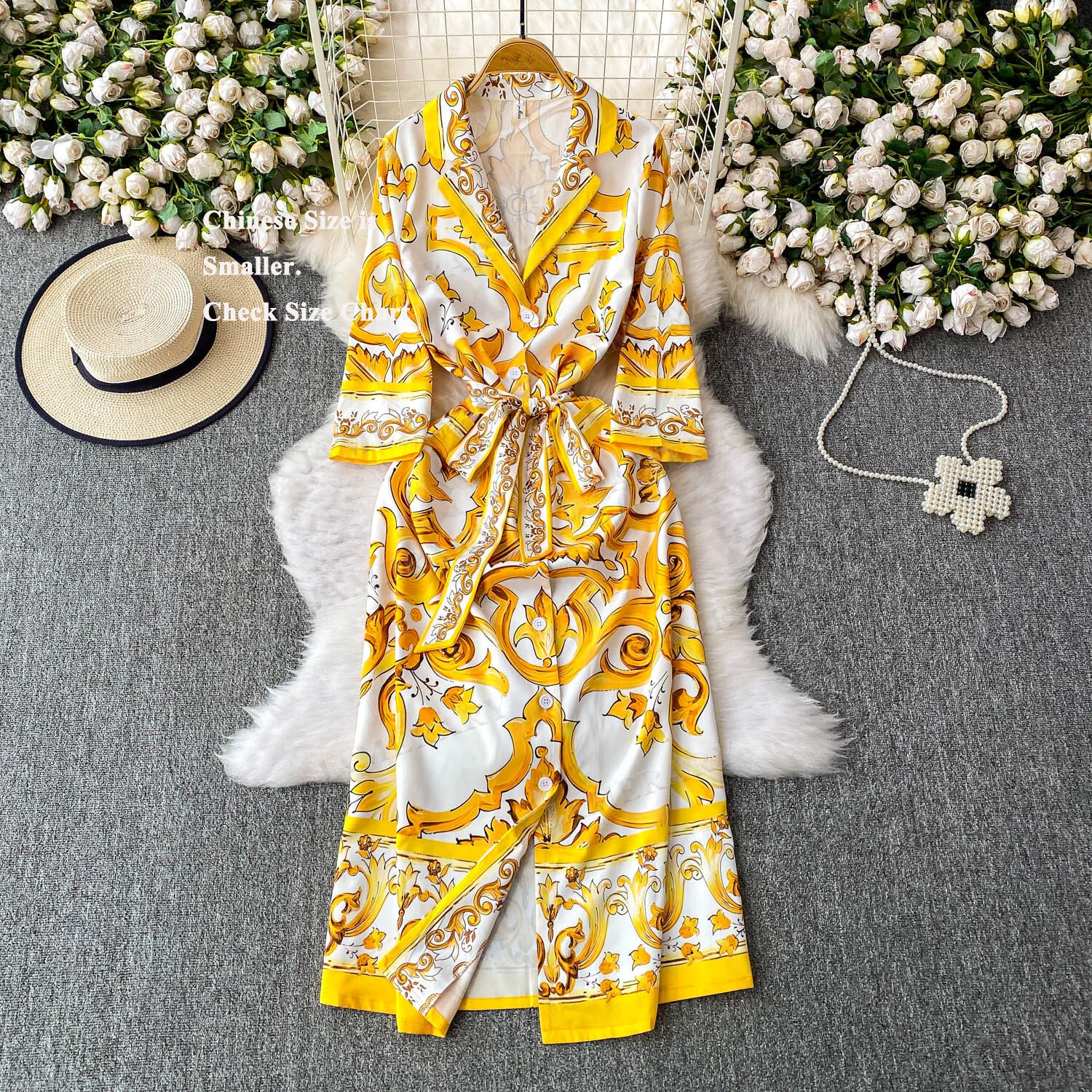 Herbst Pocelain Print Midi Kleider Hemd Frauen Einreiher Schnürsenkel Gürtel Druck Langes Kleid Lose Große Größe Böhmischen Urlaub robe