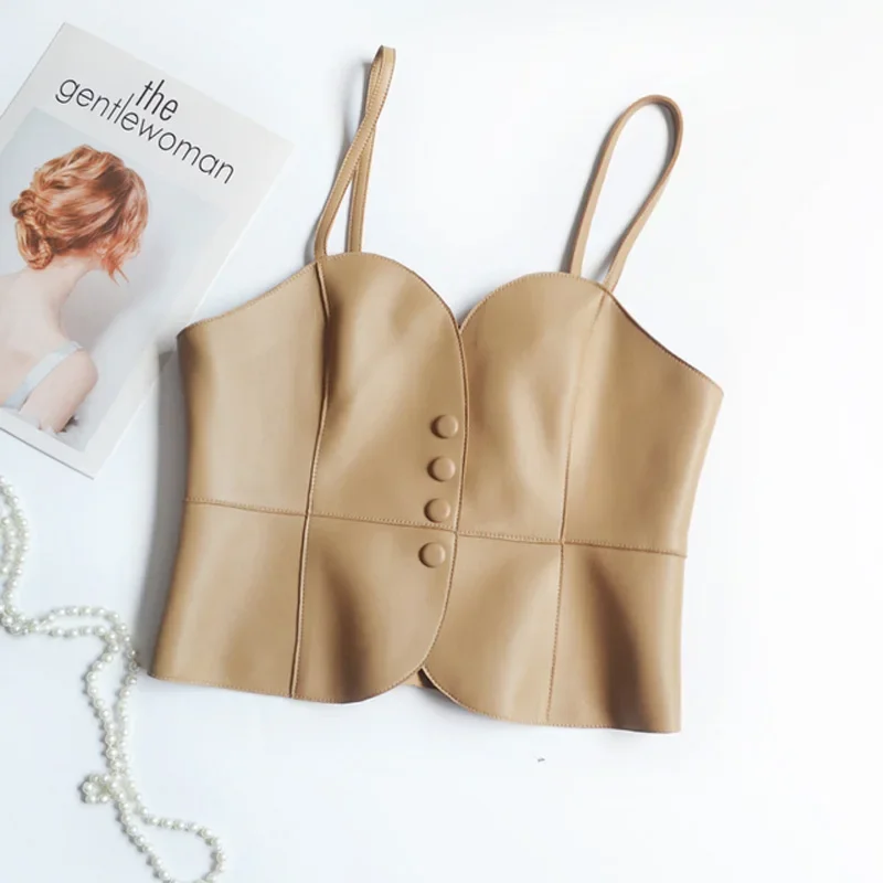 2025 Sexy Slim Fit Leather Camisole Women Genuine Sheepskin Black Vest Mujer Streetwear Sling