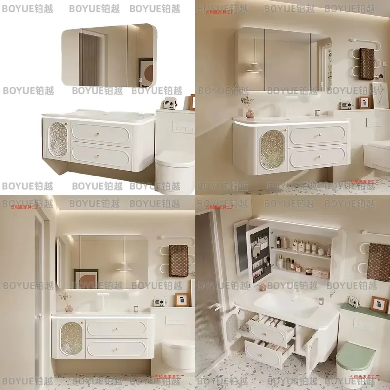 for French Style Cream Rubber Wood Ceramic Integrated Smart Bathroom Cabinet with Face Wash Basin and Washstand