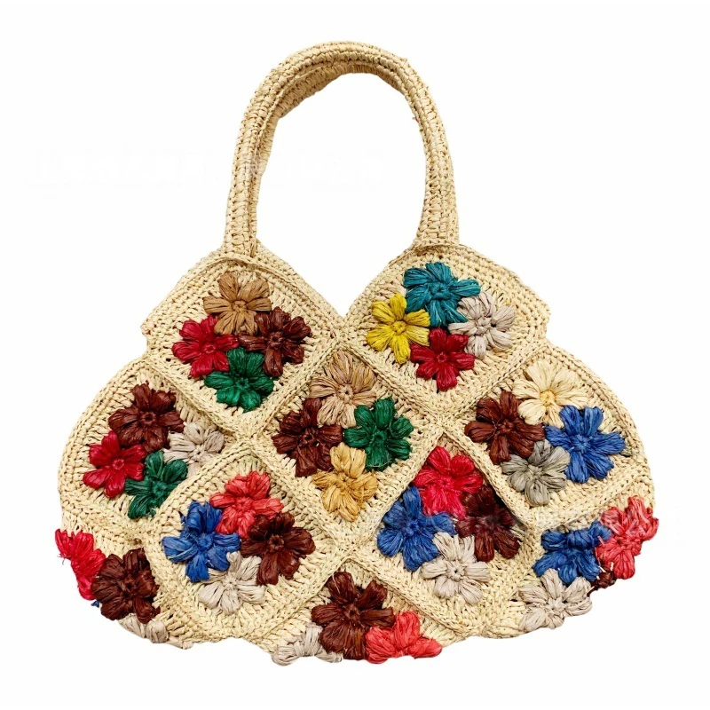 Hochwertige Handgefertigte Raffia-Schultertasche Exquisite Gewebte Stroh-Tragetasche Offene Bunte Blumen-Diamantmuster Einkaufstasche – Detail 17