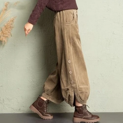 سروال قصير نسائي شتوي عالي الخصر مبطن بالصوف واسع الساق #6