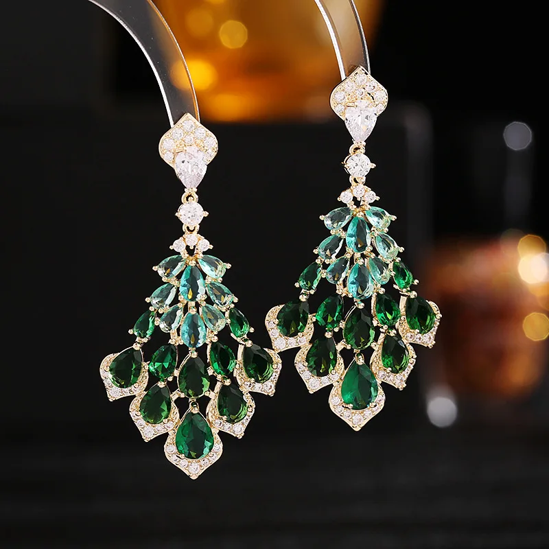 Exquisite Shiny Glossy Peacock Tail Shape 58x28mm Zircon Crystal Dangle Stud Earrings For Women Nice Jewelry Gift