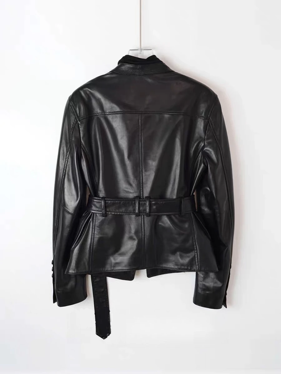 2025 Spring Brand New Leather Jacket for Women V-neck 100% Sheepskin Slim Fit Coat With Belt Black Shirt Vestes Femmes