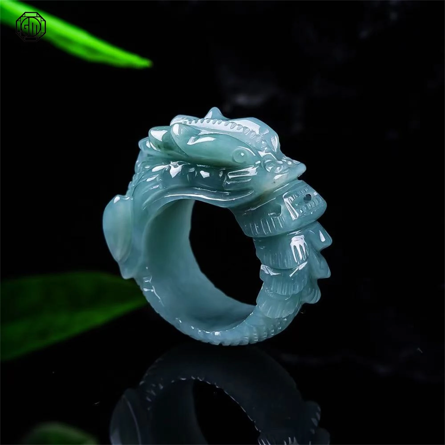 Natural Grade A Jadeite Blue Water Dragon King Three Dimensional Carved Ice Ring Men Thumb Band Exquisite Retro Jewelry Gift view 4