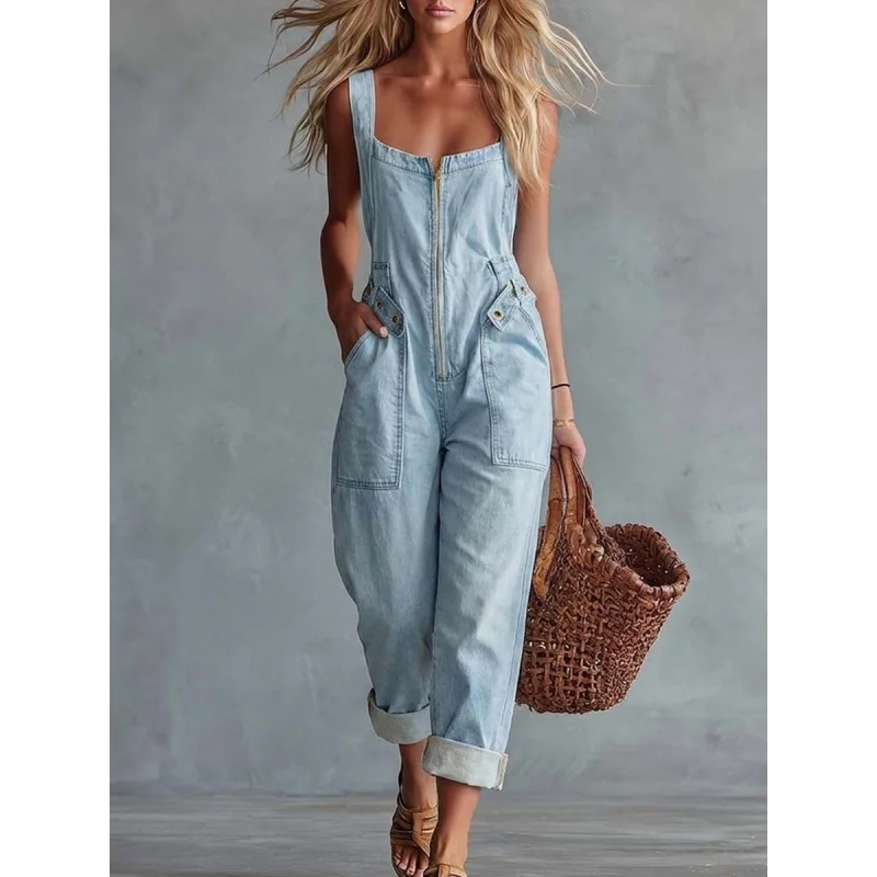New women's summer casual retro square neck front zipper jumpsuit