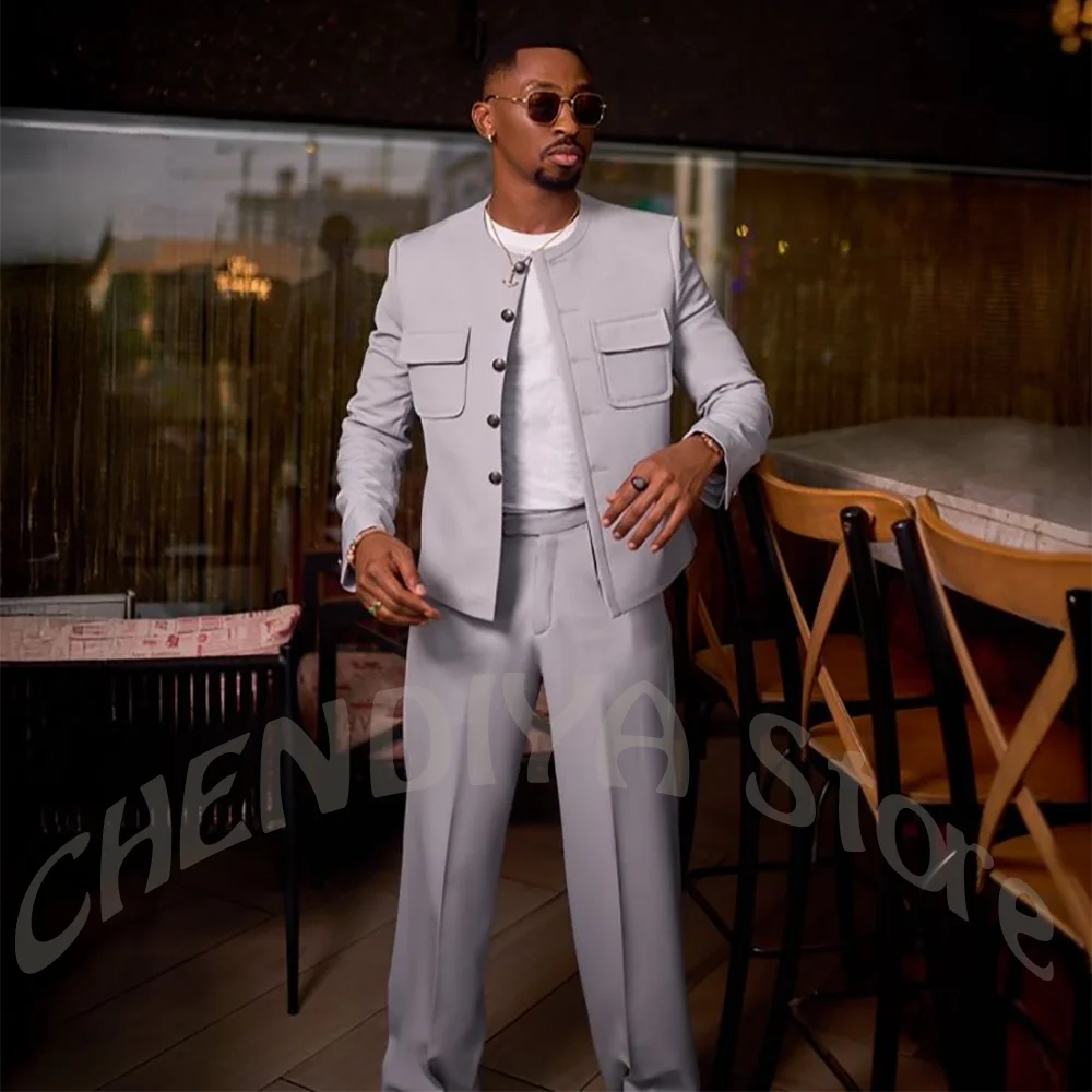 

Trendy Mandarin Collar Men Suit Single Breasted Straight Fit Outfit 2 Piece Custom Made Casual Business Party Formal Blazer Set
