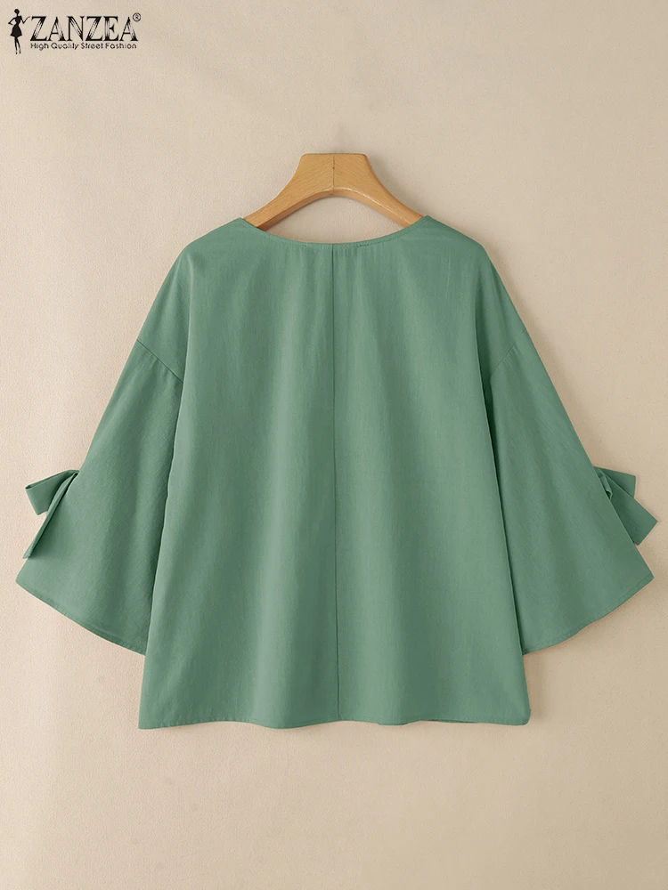 Blusa de verano a la moda 2025 ZANZEA, Tops OL de trabajo sólidos para mujer, camisa elegante con cuello redondo y manga 3/4 con lazo, Blusas holgadas informales para mujer