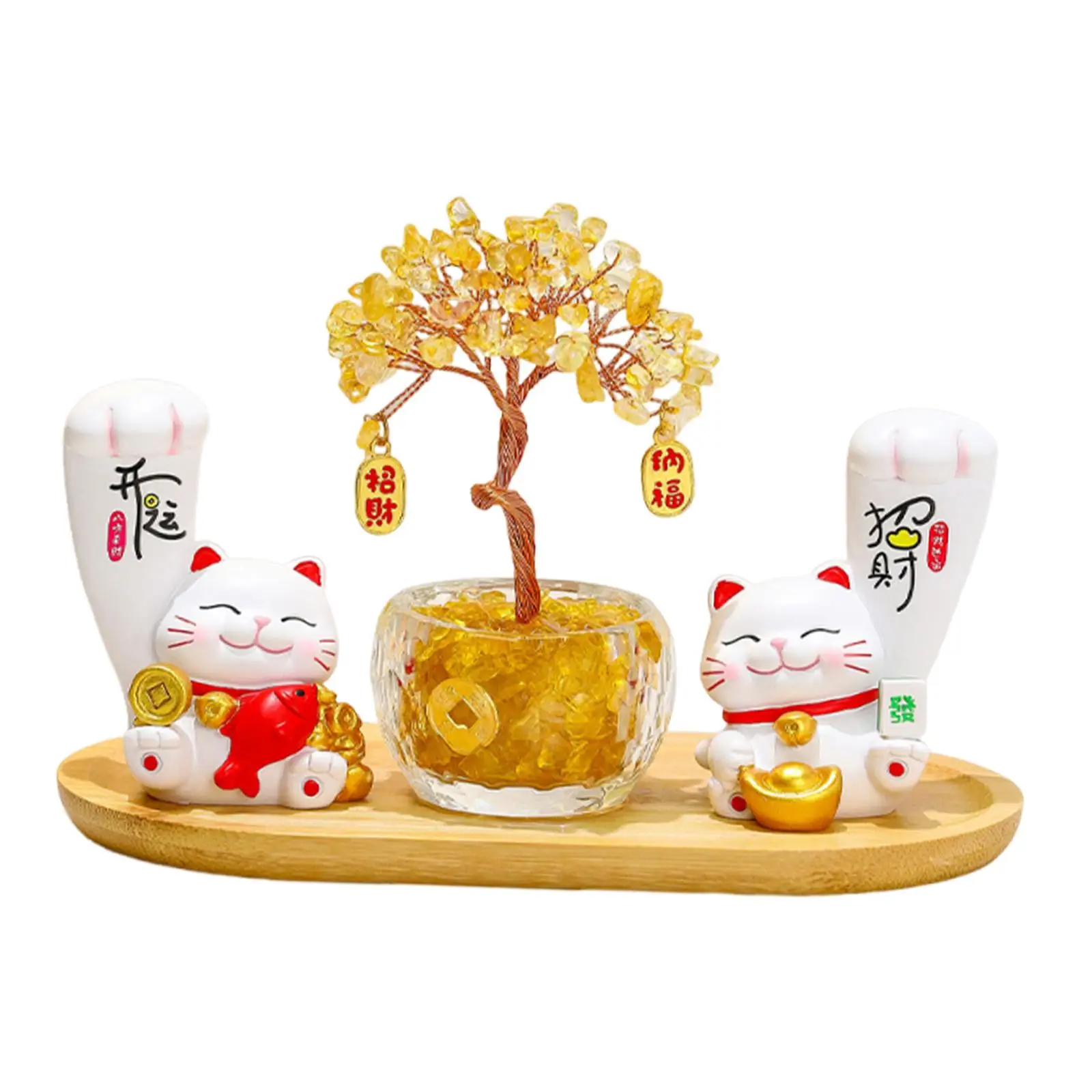Lucky Cat Ornament Money Tree Combo Wood Resin Desktop Sculpture for Workspace Home Good Luck Decor