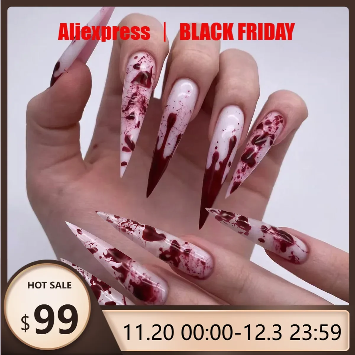 

Набор из 24 ногтей с брызгами крови, набор для ногтей в форме миндаля, длинная глянцевая отделка, красный и белый набор искусственных ногтей для женщин на Хэллоуин