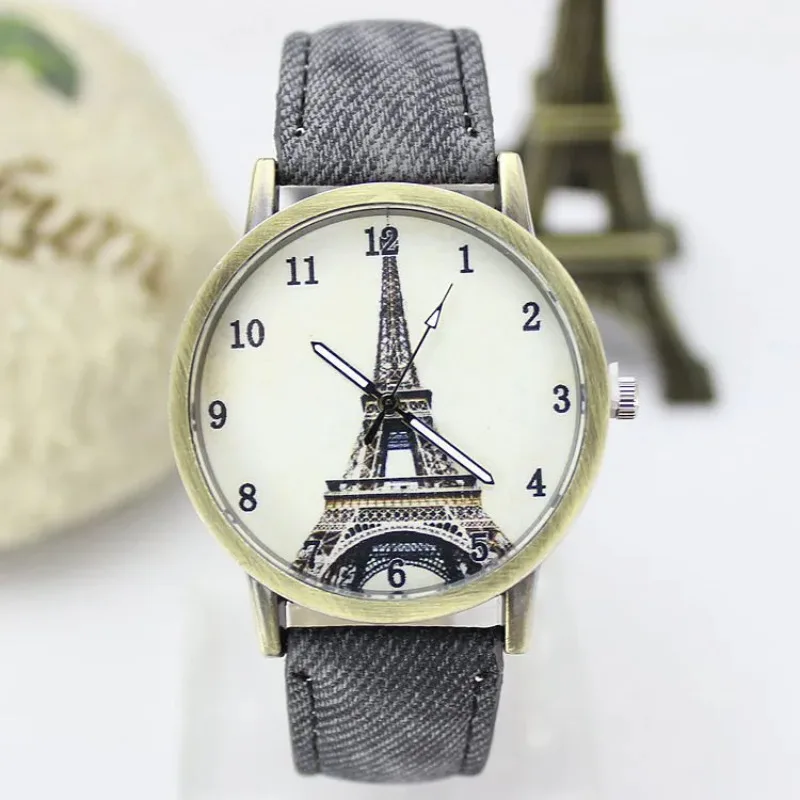 Women Watches Jean Leather Eiffel Tower Retro Bronze Color Ladies Fashion Watch Students WristWatch Relógio Feminino Reloj Mujer