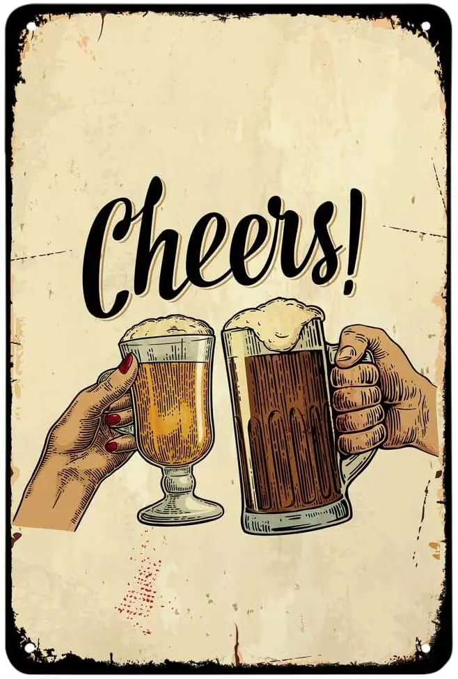 Y1, Beer Tin Sign,Cheers Hand Bar Glass Celebration Cup Full Liquid Drinks Vintage Metal Signs for Cafes Bars Pubs Shop Wall
